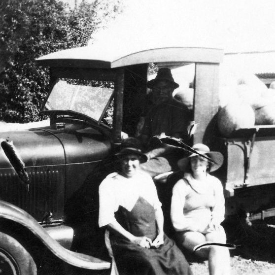 Dohle family on the farm at Dohles Rocks with a truck load of watermelons, ca. 1949